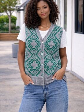 Grey and Green Patterned V-Neck Buttoned Knit Vest